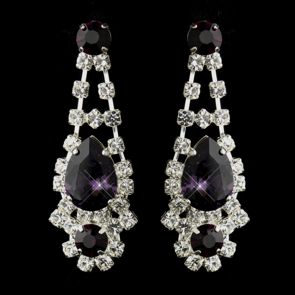 Silver Clear Crystal & Amethyst Purple Rhinestone Earrings