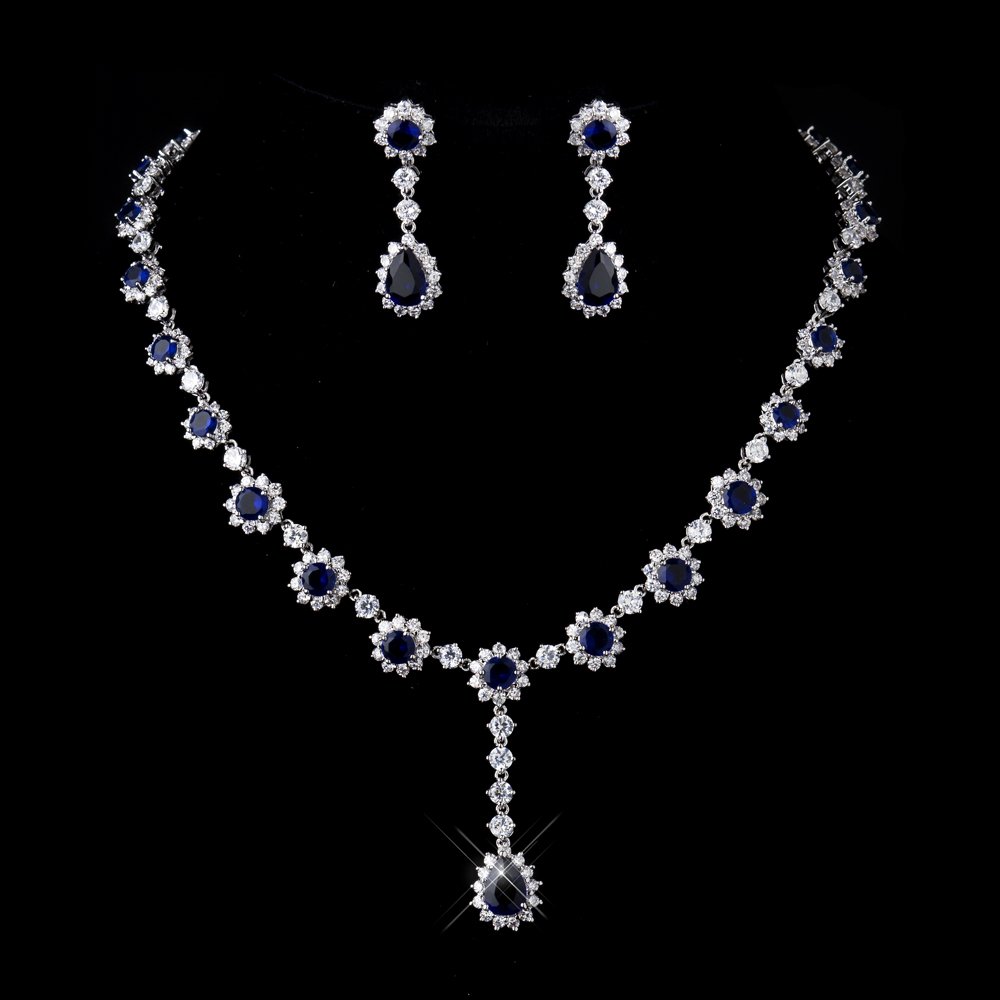 Silver Cz Crystal And Sapphire Stone Necklace And Earrings