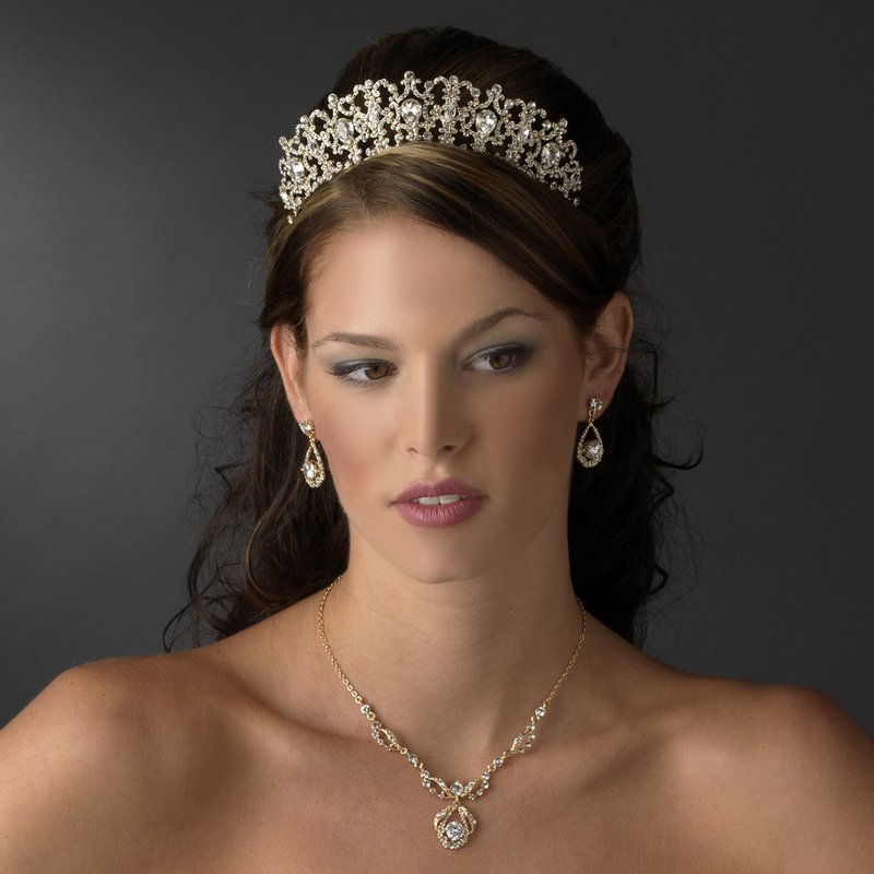 Gold Plated Royal Quinceanera Tiara and Jewelry Set