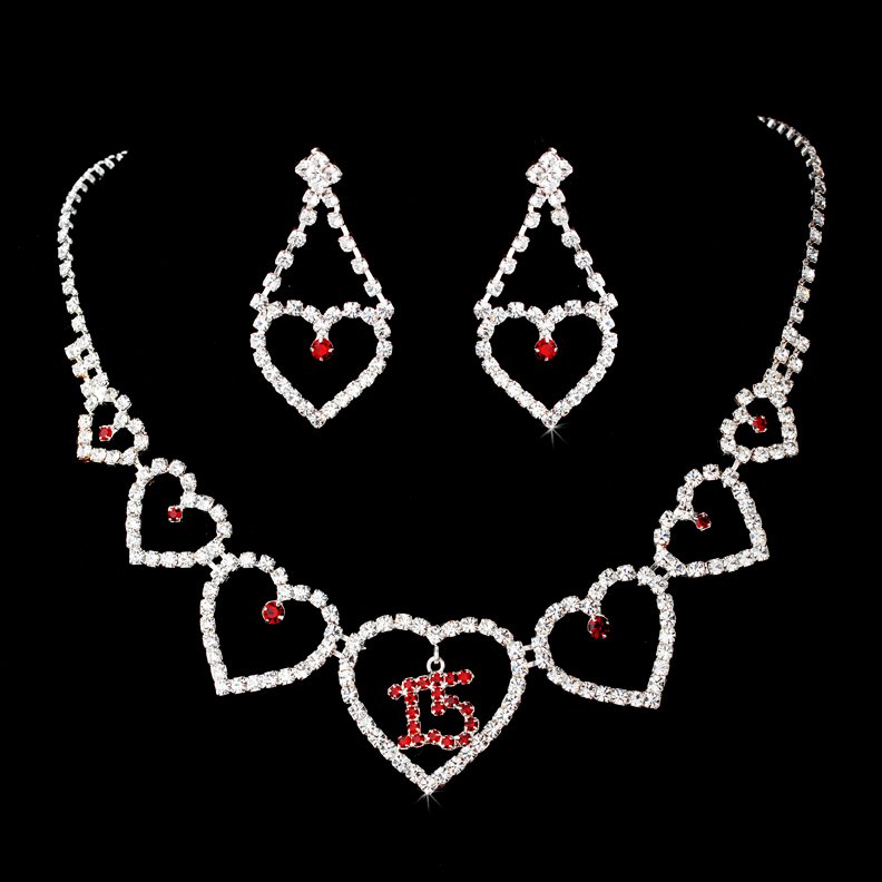 Quinceanera, Sweet 15 Necklace with Red Rhinestone Accents