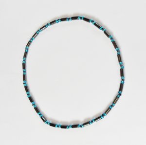 Long drum hematite and clear blue stretchy surfer necklace