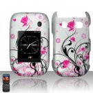 Hard Plastic Rubber Feel Design Case for Blackberry Style 9670 - Silver and Pink Flowers