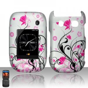 Hard Plastic Rubber Feel Design Case for Blackberry Style 9670 - Silver and Pink Flowers
