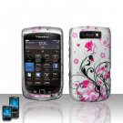 Hard Plastic Rubber Feel Design Case for Blackberry Torch 9800 - Silver and Pink Flowers