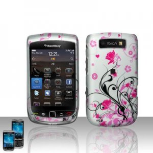 Hard Plastic Rubber Feel Design Case for Blackberry Torch 9800 - Silver and Pink Flowers
