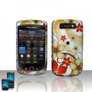 Hard Plastic Rubber Feel Design Case for Blackberry Torch 9800 - Red and Gold Flowers