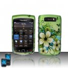 Hard Plastic Rubber Feel Design Case for Blackberry Torch 9800 - Green Flowers and Butterfly
