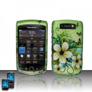 Hard Plastic Rubber Feel Design Case for Blackberry Torch 9800 - Green Flowers and Butterfly