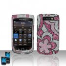 Hard Plastic Bling Rhinestone Design Case for Blackberry Torch 9800 - Silver and Pink Flowers