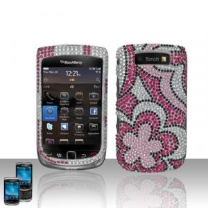 Hard Plastic Bling Rhinestone Design Case for Blackberry Torch 9800 - Silver and Pink Flowers