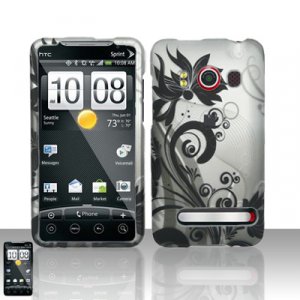 Hard Plastic Rubber Feel Design Full Case for HTC Evo 4G - Black and Silver Vines