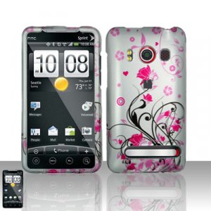 Hard Plastic Rubber Feel Design Full Case for HTC Evo 4G - Pink and Silver Flowers