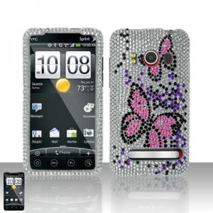 Hard Plastic Bling Rhinestone Design Case for HTC Evo 4G - Pink Butterfly