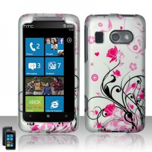 Hard Plastic Rubber Feel Design Case for HTC Surround - Silver and Pink Flowers