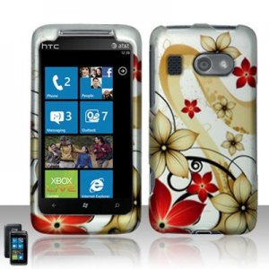 Hard Plastic Rubber Feel Design Case for HTC Surround - Red and Gold Flowers