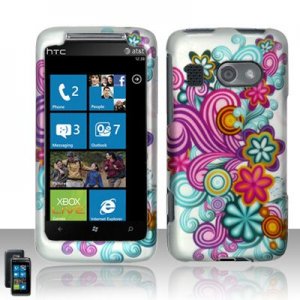Hard Plastic Rubber Feel Design Case for HTC Surround - Purple and Blue Flowers
