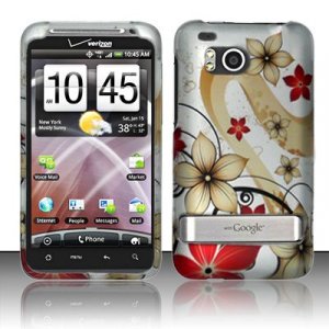 Hard Plastic Rubber Feel Design Case for HTC Thunderbolt 4G (Verizon) - Red and Gold Flowers