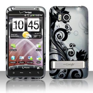 Hard Plastic Rubber Feel Design Case for HTC Thunderbolt 4G (Verizon) - Silver and Black Vines