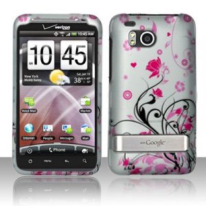 Hard Plastic Rubber Feel Design Case for HTC Thunderbolt 4G (Verizon) - Silver and Pink Flowers
