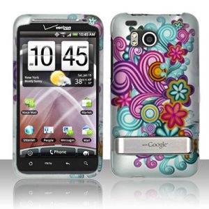 Hard Plastic Rubber Feel Design Case for HTC Thunderbolt 4G (Verizon) - Purple and Blue Flowers