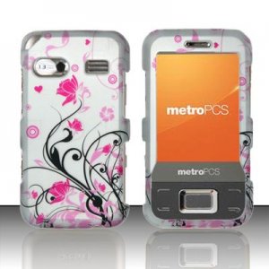 Hard Plastic Rubber Feel Design Case for Huawei M750 - Silver and Pink Flowers
