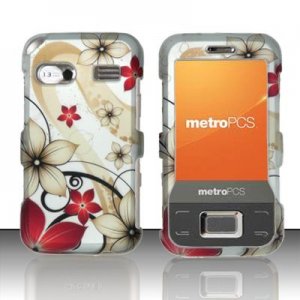 Hard Plastic Rubber Feel Design Case for Huawei M750 - Red and Gold Flowers
