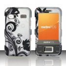 Hard Plastic Rubber Feel Design Case for Huawei M750 - Silver and Black Vines