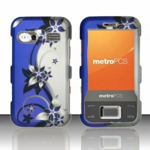 Hard Plastic Rubber Feel Design Case for Huawei M750 - Silver and Blue Vines