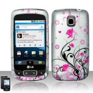 Hard Plastic Rubber Feel Design Case for LG Optimus T - Silver and Pink Flowers