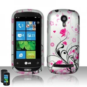 Hard Plastic Rubber Feel Design Case for LG Quantum C900 - Silver and Pink Flowers