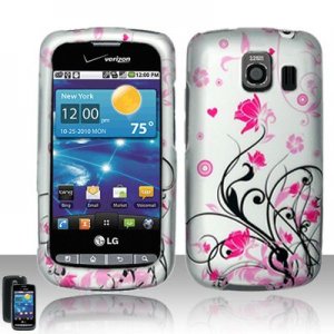 Hard Plastic Rubber Feel Design Case for LG Vortex VS660 - Silver and Pink Flowers