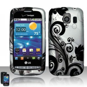 Hard Plastic Rubber Feel Design Case for LG Vortex VS660 - Black and Silver Vines