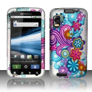 Hard Plastic Rubber Feel Design Case for Motorola Atrix 4G MB860 - Purple and Blue Flowers