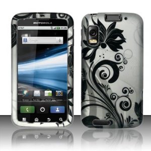 Hard Plastic Rubber Feel Design Case for Motorola Atrix 4G MB860 - Black and Silver Vines