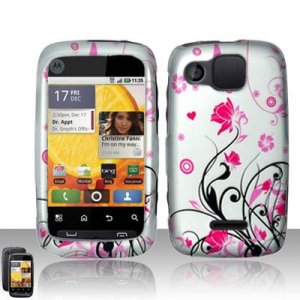 Hard Plastic Rubber Feel Design Case for Motorola Citrus WX445 - Silver and Pink Flowers