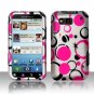 Hard Plastic Rubber Feel Design Case for Motorola Defy MB525 - Black and Pink Dots