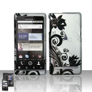 Hard Plastic Rubber Feel Design Case for Motorola Droid 2 A955 - Silver and Black Vines