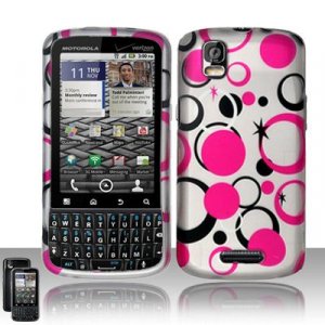 Hard Plastic Rubber Feel Design Case for Motorola Droid Pro T610 - Black and Pink Dots