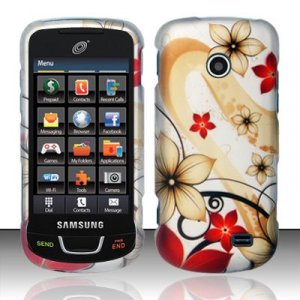 Hard Plastic Rubber Feel Design Case for Samsung StraightTalk T528 - Red and Gold Flowers