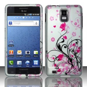 Hard Plastic Rubber Feel Design Case for Samsung Infuse 4G i997 - Silver and Pink Flowers