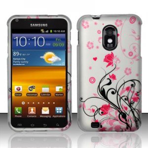 Hard Plastic Rubber Feel Design Case for Samsung Galaxy S II Epic 4G Touch - Silver and Pink Flowers