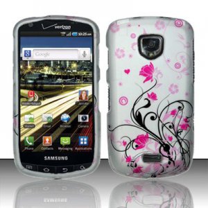 Hard Plastic Rubber Feel Design Case for Samsung Droid Charge i510/i520 - Silver and Pink Flowers