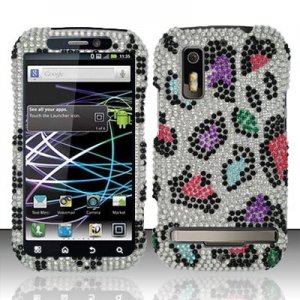 Hard Plastic Bling Rhinestone Design Case for Motorola Photon 4G - Rainbow Leopard