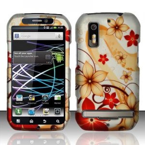 Hard Plastic Rubber Feel Design Case for Motorola Photon 4G - Red and Gold Flowers