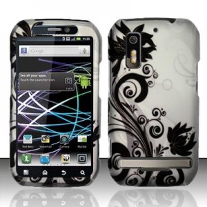 Hard Plastic Rubber Feel Design Case for Motorola Photon 4G - Silver and Black Vines