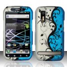 Hard Plastic Rubber Feel Design Case for Motorola Photon 4G - Silver and Blue Vines