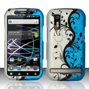Hard Plastic Rubber Feel Design Case for Motorola Photon 4G - Silver and Blue Vines