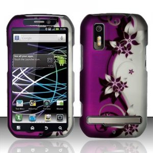 Hard Plastic Rubber Feel Design Case for Motorola Photon 4G - Silver and Purple Vines