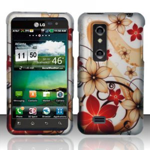 Hard Plastic Rubber Feel Design Case for LG Thrill 4G - Red and Gold Flowers