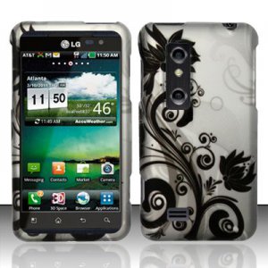 Hard Plastic Rubber Feel Design Case for LG Thrill 4G - Silver and Black Vines